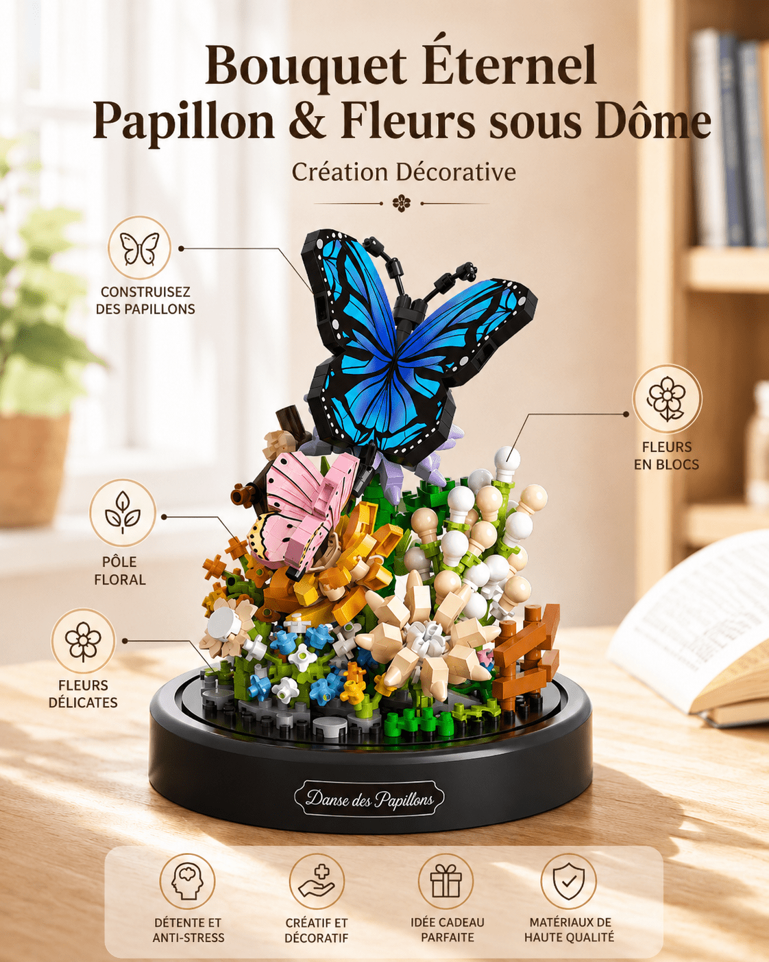Bouquet Éternel Papillon & Fleurs sous Dôme — Création Décorative - GoCrazyPuzzle
